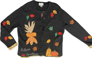 Vintage QUACKER FACTORY Autumn Greetings cardigan sz L leafs Corn Pumpkins - Picture 1 of 5