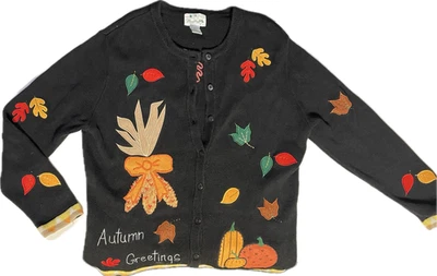 Vintage QUACKER FACTORY Autumn Greetings cardigan sz L leafs Corn Pumpkins - Image 1 of 4