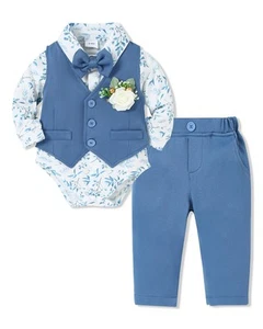 Baby Boy Clothes Suits Infant Gentleman Outfit Collared Dress Shirt+Vest+Tie+... - Picture 1 of 9
