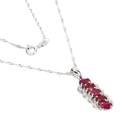 925 Sterling Silver Necklace Oval  Ruby 5x3mm Cz  Gemstone Jewelry 18 Ins - Image 1 of 4