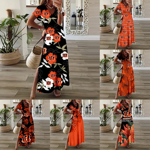 Cincinnati Bengals Womens Side Slit Dress V-neck Casual Short Sleeve Maxi Dress Cover