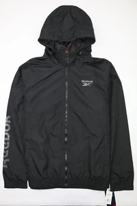 REEBOK Mens Windbreaker Jacket Black XL Full Zip Hoodie Lined Embroidered Snap - Picture 1 of 16