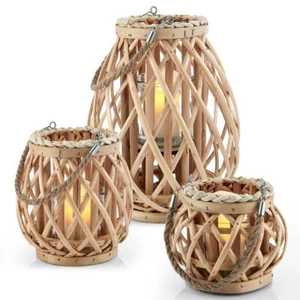 Wicker Willow Candle Lantern Rope Basket Rustic Weave Natural Grey Hanging 3Pcs - Picture 1 of 12