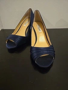 Womens Shoes Nina New York Size 8M Navy Satin Wrapped D'orsay Peep-Toe Mid Heels - Picture 1 of 8