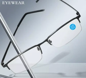 Occhiali da Lettura Uomo Lega Titanio Quadrati Blu Blocco Luce Mezza Montatura Occhiali - Foto 1 di 15