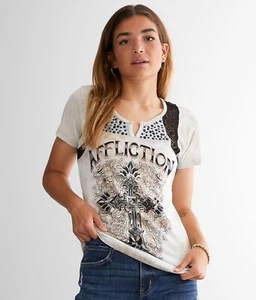 Affliction Women's SACRED RITE Short Sleeve Panel T-shirt size Small NWT - Picture 1 of 4