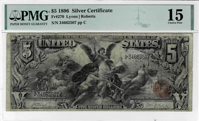 1896 $5 Silver Certificate 'Educational' note--fr.270--PMG Choice Fine 15 - Image 1 of 4