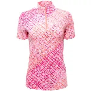 IBKUL Graphic Tee Zip Mock Neck Short Sleeve Top UPF 50 Liz Pink Coral S NWT - Picture 1 of 6