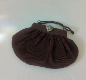 40s Brown Pleated Silk Purse /Rhinestone Brass Closure/Braided Cord Handle - Picture 1 of 12