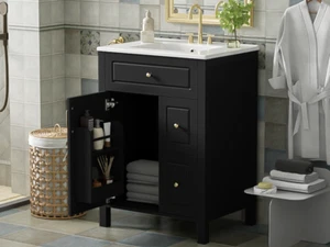 24Inch Bathroom Vanity Modern Bathroom Storage Cabinet with Ceramic Sink Black - Picture 1 of 11