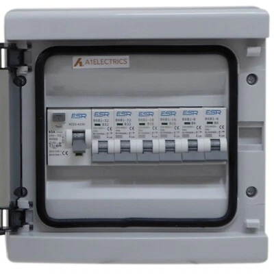 Consumer Unit 6 Way with RCD 63A 30mA and 2 Each MCBs 6A 16A 32A Plastic IP65 - Image 1 of 4