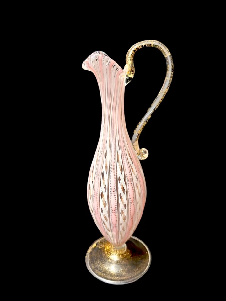   Винтажный середины века венецианский Latticino стекла Ewer ~ ваза ~ розовый, белый и золотой - Изображение 1 из 4