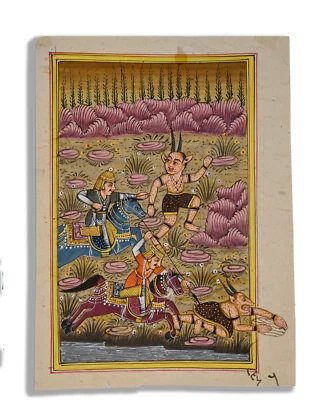 Peinture miniature faite à la main de l'empereur persan combat avec le démon ... - Photo 1/3