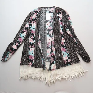 Vanity Womens Floral Cardigan Size Medium Open Front Fringe Boho Lightweight NWT - Picture 1 of 8