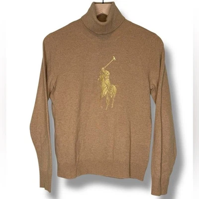 Ralph Lauren 100% Cashmere Gold Big Pony Turtleneck Sweater Camel Women's Sz L - Image 1 of 4