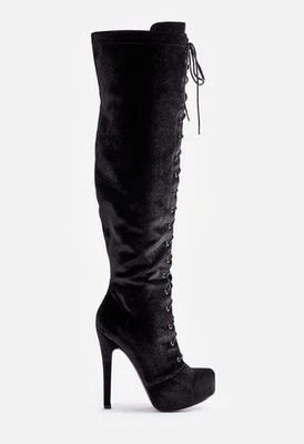 Dashiella by JUSTFAB (SHOEDAZZLE) Black velvet Dominatrix OTK/thigh boots, SZ 8 - Image 1 of 4