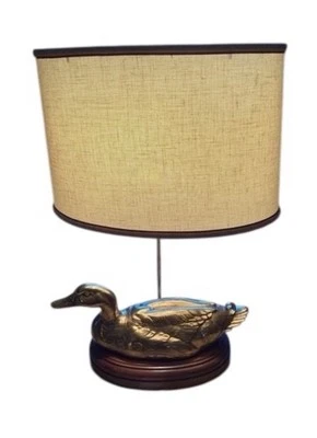 MCM Brass Duck Table Lamp on Solid Wooden Base Tall 1960's Retro Big - Image 1 of 4
