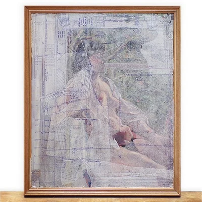 Very Large Original Portrait Painting Woman Female Nude Artwork Collage Wall Art - Image 1 of 4