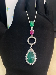 9.21 Carats Round Diamonds Zambian Emerald Burma Ruby Necklace In 18K White Gold - Picture 1 of 13