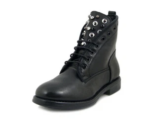 Bottines Femme À Lacets Anfibi 36 En Cuir Véritable Noir Avec Clous Talon Bas - Picture 1 of 6