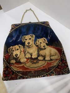 LARGE Vtg Bobbie Jerome Dog Print Carpet Bag Tapestry Purse Hand Bag GC