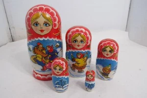 Russian Nesting Dolls 5 piece Hand Painted Winter Scene Skating Sledding 7" Tall - Picture 1 of 11