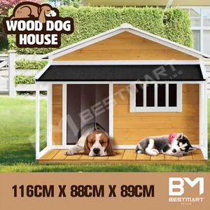 Wooden Pet Dog House Kennel Raised Puppy Shelter Home Outdoor Inside with Porch - Picture 1 of 12