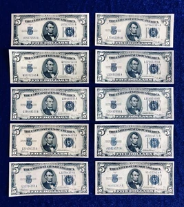 10 Piece Lot 1934 $5 Dollar SILVER CERTIFICATE BLUE SEAL Banknotes 1934 A B C D - Picture 1 of 2