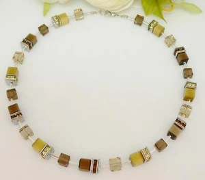 Halskette Würfel Cube Cat Eye Kristallglas mehrfarbig Strass Braun Beige 511b - Picture 1 of 10