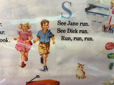 FABRIC Dick and Jane Letters Reading by Michael Miller Quilting BTQY NEW Rare! - Image 1 of 4