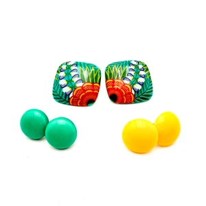 Earrings Vintage Lot Plastic 3 pair Yellow Green Solid Floral Pierced - Picture 1 of 4