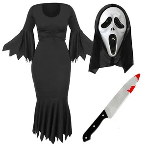 LADIES HALLOWEEN SCREAM GHOST COSTUME DRESS MASK AND BLOODY KNIFE HORROR - Picture 1 of 14
