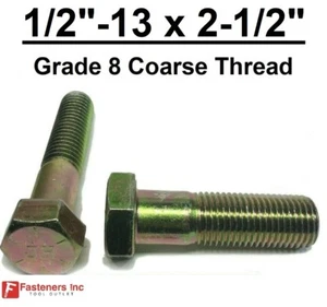 1/2-13 x 2-1/2" (PT) Hex Bolt Yellow Zinc Plated Grade 8 Cap Screw Coarse Thread - Picture 1 of 10