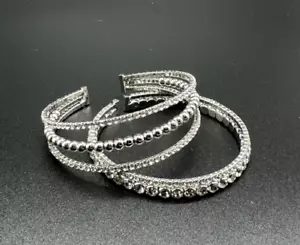 Rhinestone Cuff Bracelet Set Silver Tone Stretch Bling Statement 2pc Formal - Picture 1 of 11