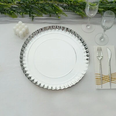 20 13" Silver Round Paper Serving Trays Scalloped Rim Design Disposable Wedding - Image 1 of 4