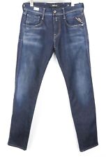 Replay Anbass Uomo Jeans W30/L32 Power Elasticizzato Blu Scuro Slim Slavati Zip