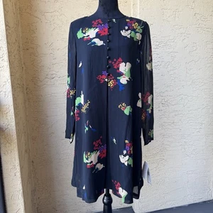Evan Picone Black Silk Shift Dress Sz 10 Floral Print Long Sheer Sleeves NWT VTG - Picture 1 of 16