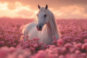 Canvas Art White Horse Amidst Pink Flowers At Sunset Wall Picture Poster Print - Picture 1 of 22