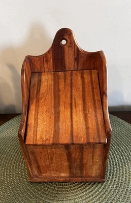 Antique Wall Salt Box Vintage Primitive Wood 9" Tall x 5" Wide x 4” Deep See Pic - Image 1 of 4