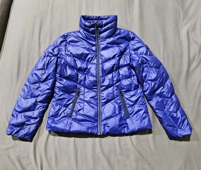 GUESS Jacket Coat Womens Sz L Quilted Down Shine Puffer Royal Blue Logo - Image 1 of 4