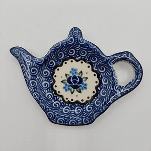 Boleslawiec Teebeutelhalter polnische Keramik handgefertigt in Polen blaue Blumen - Bild 1 von 4