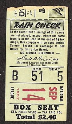 1952年波士顿勇士队门票最后获胜勇士队埃迪·马修斯步行HR⚾️ — 第 1/3 张图片