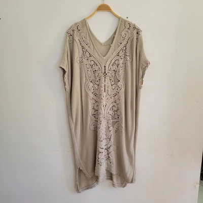 Knitted Knotted Navan Crochet Knit Kaftan Sweater Tunic XS Small Tan V Neck Boho - Image 1 of 4