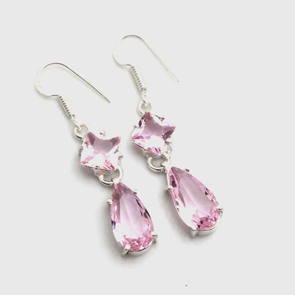 Pendientes colgantes hechos a mano con piedras preciosas de topacio rosa joyas para ella 1,8" AE-11882 Foto 1 de 1