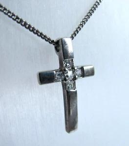 VTG Estate Stg Silver CZ Cross Pendant on Cable Link Chain Necklace (#00630) - Picture 1 of 15