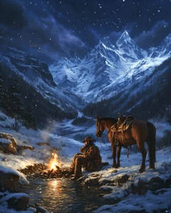 Western Kunst Cowboy Pferd Schnee Leinwandbild Wohndeko Wandbild Druck Gemälde -336 - Bild 1 von 6