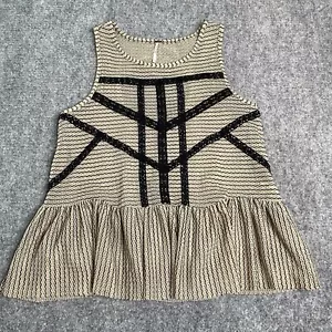 Free People Top Womens Size Small Sleeveless Knit Lace Black Tan Stripe Peplum - Picture 1 of 6