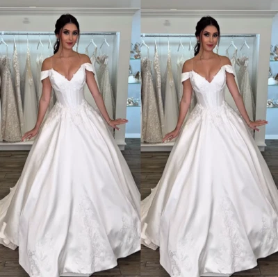 Elegantes vestidos de noiva de cetim trem varredura fora do ombro linha A vestidos de noiva - Imagem 1 de 4