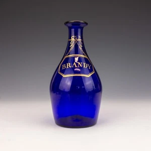 Antique Georgian Bristol Blue Glass - Gilded Decanter - Brandy - Picture 1 of 5