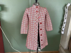 Vintage Girls XL Teen XS Plaid Pea Coat Retro Red White Blue 15” Chest 30” Funky - Picture 1 of 9